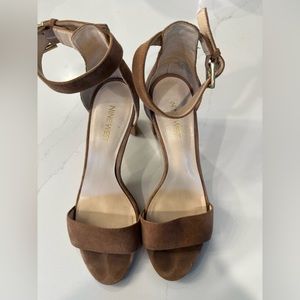 Nine West suede camel colored heels.